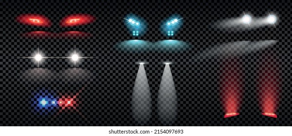 Realistic set of colorful car headlights tail and siren lights isolated on transparent background vector illustration svg