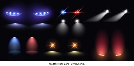 Realistic set of colorful car headlights tail and siren lights isolated on black background vector illustration. svg