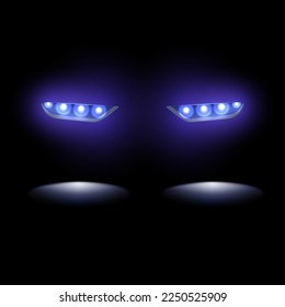 Realistic set of colorful car headlights tail and siren lights isolated on black background vector illustration