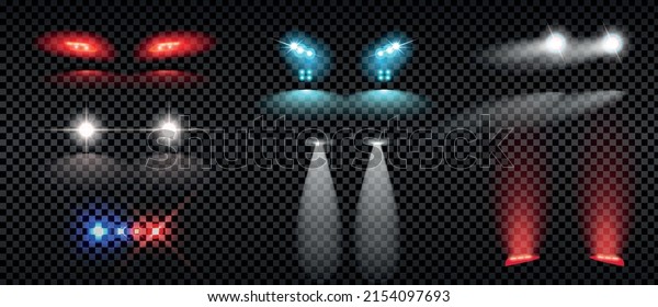 Realistic set\
of colorful car headlights tail and siren lights isolated on\
transparent background vector\
illustration