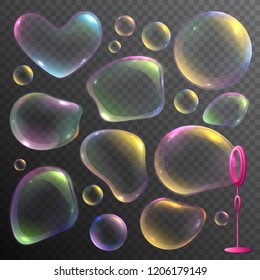 Realistic set of colorful deformed soap bubbles isolated on transparent background vector illustration