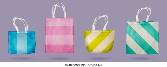 Realistic set of colorful fabric bag mockups isolated on grey background. Vector illustration of rainbow striped totebags with handle made of organic cotton. Reusable eco shopping accessory