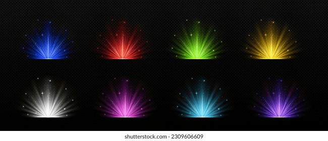 Realistic set of colorful light explosion effects isolated on transparent background. Vector illustration of magic sparkling with glitter. Color explosion. Christmas surprise. Disco party flashes