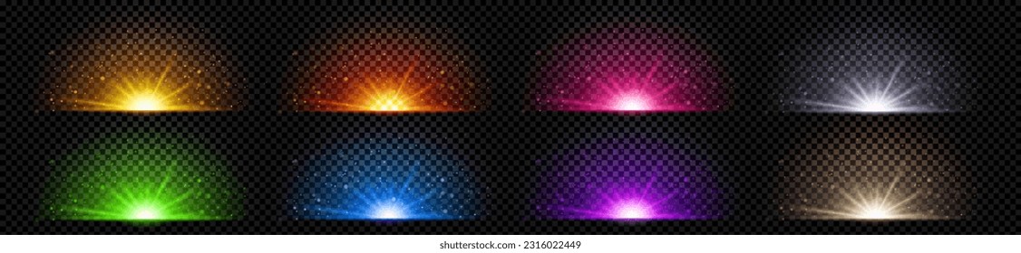 Realistic set of colorful magic light effects isolated on transparent background. Vector illustration of fantasy explosion sparkling with glitter. Christmas surprise. Disco party flashes shimmering