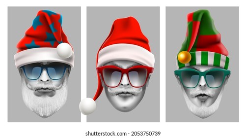 Realistic set of comic avatars of trendy santa claus hipsters. Stylish Santa men in sunglasses.