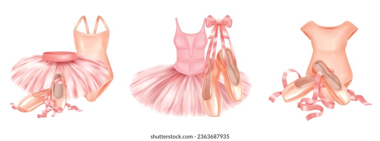 Realistic set of compositions with ballet accessories in pink and peach colors isolated vector illustration