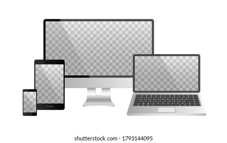 Conjunto realista de simulación de computadora, laptop y smartphone aislados en fondo blanco. Plantilla de pantalla de dispositivos en blanco. Montaje de equipo para oficina. Ilustración vectorial.