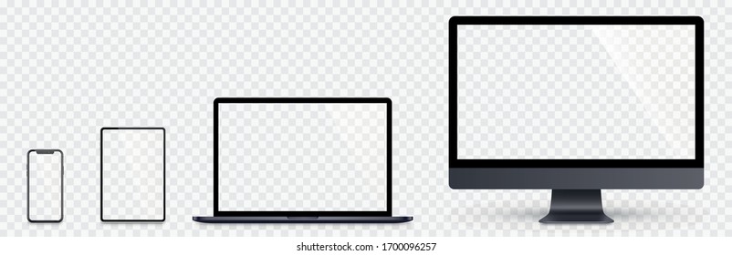 Realistische Set-Computer, Laptop, Tablet und Smartphone. Bildschirm-Sammelprobe Realistischer Platz grauer Mock-up-Computer, Laptop, Tablet, Telefon mit Schattenstock-Vektorillustration.