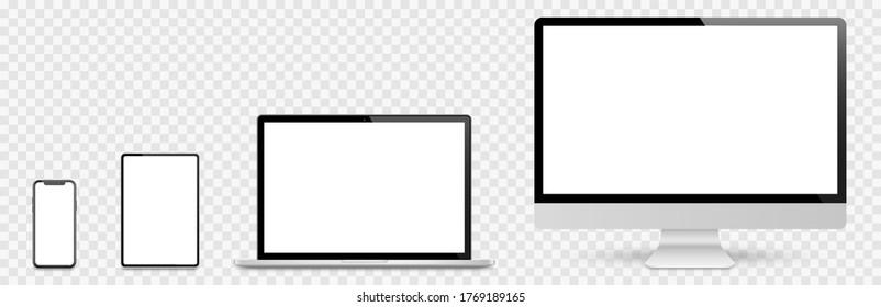 Realistic set computer, laptop, tablet and smartphone. Device screen mockup collection. Realistic mock up computer, laptop, tablet, phone with shadow- stock vector.