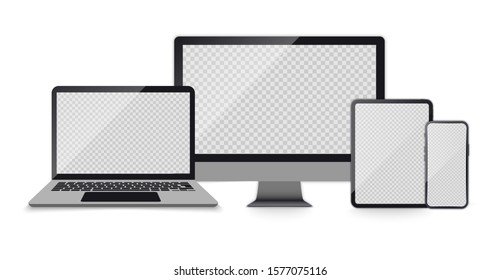 Realistic set of Computer Monitor, laptop, tablet, smartphone dark grey color. Realistic  Set of Devices with empty screens. Electronic gadgets