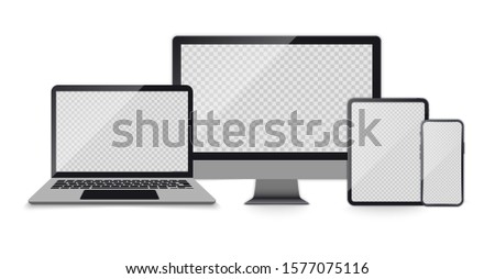 Realistic set of Computer Monitor, laptop, tablet, smartphone dark grey color. Realistic  Set of Devices with empty screens. Electronic gadgets