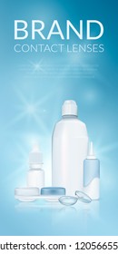 Realistic set of contact lenses and packaging, solution, drops, case, bottle. Medical and cosmetic illustration design template