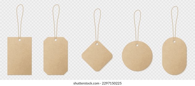 Realistic set of craft paper labels on string isolated on transparent background. Vector illustration of blank price tag or branding card mockups of round, square, rectangular, oval, rhombus shape