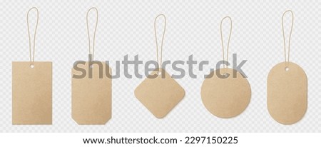 Realistic set of craft paper labels on string isolated on transparent background. Vector illustration of blank price tag or branding card mockups of round, square, rectangular, oval, rhombus shape