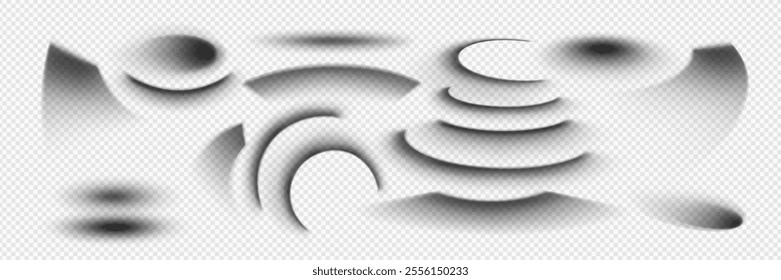 Realistic set of curved shadow elements of various geometric shapes and gradients. Semicircular forms and wavy lines with dimensional shade effects with transparent edges. Graphic design overlay.