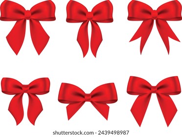 Realistic set decorative red bow made of shiny satin ribbon. Vector bow for page decor isolated on white background