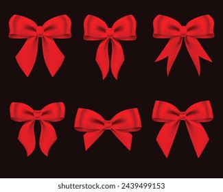 Realistic set decorative red bow made of shiny satin ribbon. Vector bow for page decor isolated on black background