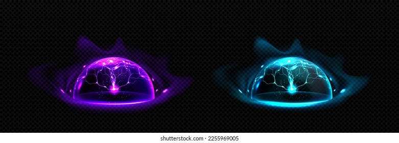 Realistic set of defense energy shields png isolated on transparent background. Vector illustration of purple, turquise neon glowing hemispheres with lightning strike effect. Magic protection bubble