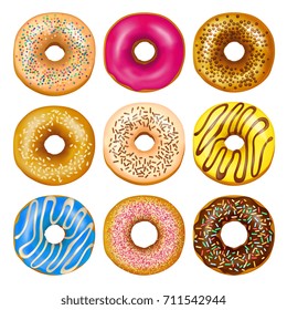 Realistic set of delicious glazed donuts with colorful toppings isolated on white background vector illustration