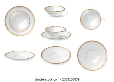 Realistic set depicting white saucers and cups with rims in three projections isolated vector illustration