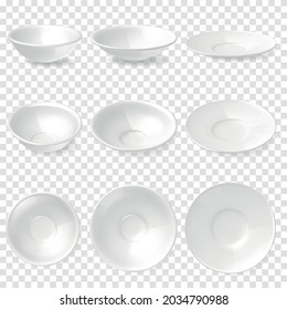 Realistic set depicting white tureen plates and dishes in three projections on a transparent background isolated vector illustration
