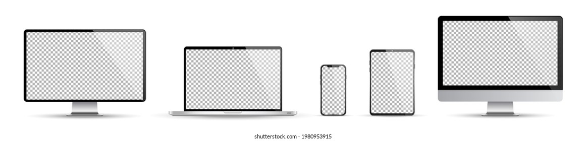 Realistic set of device screen mockup, smartphone, tablet, laptop and monoblock monitor, with isolated screen for you design