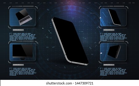 Realistic set device smartphone, laptop, tablet mockup with futuristic technology background. Hi-tech. Mockup generic device. Template for infographics or presentation. Collection gadgets 3D isometric