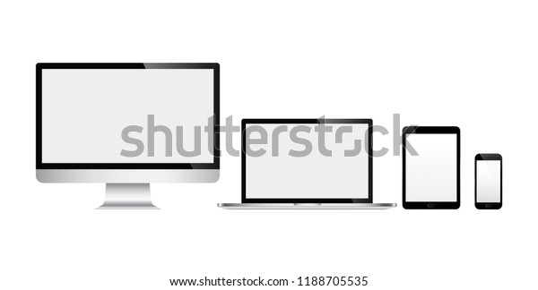 白い背景に白い壁紙スクリーンを使用した コンピュータ ノートパソコン タブレット および携帯電話のリアルなセット のベクター画像素材 ロイヤリティフリー 1188705535
