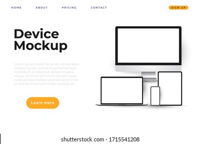Realistic set of devices mockups with monitor, laptop, tablet, smartphone. light theme. vector