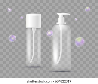 Realistic set of different bottles for pharmaceutical, makeup isolated on transparent checkered. With dispenser for soap, shampoo, shower gel, lotion, body milk with soap bubbles. Packaging