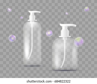 Realistic set of different bottles for pharmaceutical, makeup isolated on transparent checkered. With dispenser for soap, shampoo, shower gel, lotion, body milk with soap bubbles. Packaging