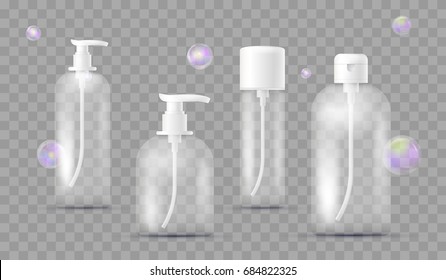 Realistic set of different bottles for pharmaceutical, makeup isolated on transparent checkered. With dispenser for soap, shampoo, shower gel, lotion, body milk with soap bubbles. Packaging
