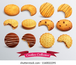 Realistic set of different form cookies whole and bitten isolated on transparent background vector illustration