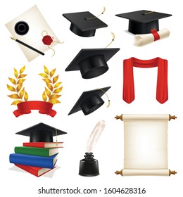 Realistic set with different graduate objects cap wreath books pen seal scarf isolated on white background vector illustration