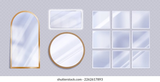 Realistic set of different mirrors png isolated on transparent background. Vector illustration of square, round, rectangular reflection glass mockups in golden, silver frames. Interior design element