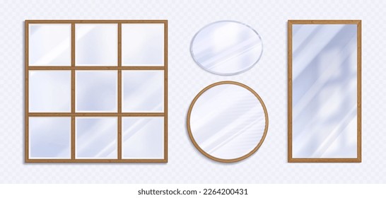 Conjunto realista de diferentes espejos que se aíslan en un fondo transparente. Ilustración vectorial de maquetas de vidrio reflectante cuadrado, redondo, rectangular en marcos dorados y plateados. Elemento de diseño interior