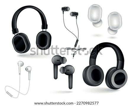 Realistic set of different wired and wireless audio equipment for music listening smartphones and gaming isolated vector illustration