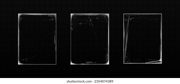 Realistic set of distressed edge photos isolated on transparent background. Vector illustration of vintage paper texture with white scratches, grainy picture overlay effect, grunge vinyl album cover