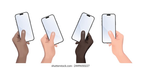 Realistic Set of Diverse Human Hands Holding Mobile Phone. Blank Screen Smartphone Mockup with Multiethnic People. Advertisement Template Design Concept with Smartphone on White, Black Hands. Vector.