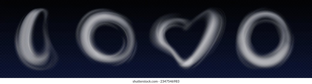 Realistic set of dust rings isolated on transparent background. Vector illustration of circle, oval, heart shape steam evaporation, cigarette, vape, hookah swirls, puff effect, co2 smog emission