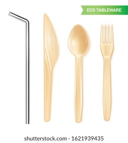 Realistic set of eco friendly disposable tableware with metal straw wooden spoon knife and fork isolated vector illustration