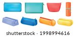 Realistic set with eight school pencil cases of different color shape and size isolated on white background vector illustration