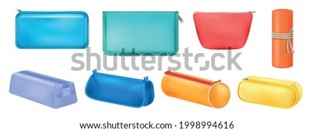 Realistic set with eight school pencil cases of different color shape and size isolated on white background vector illustration