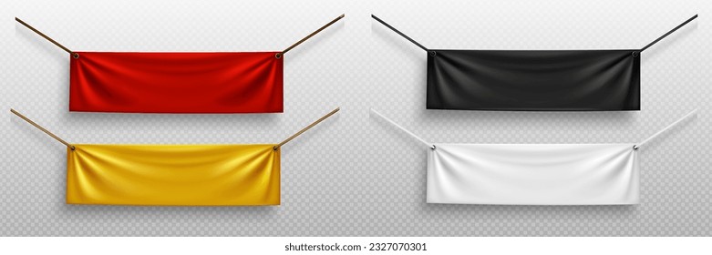 Realistic set of fabric banners hanging on ropes isolated on transparent background. Vector illustration of horizontal poster mockups in yellow, red, black, white colors, blank background for text