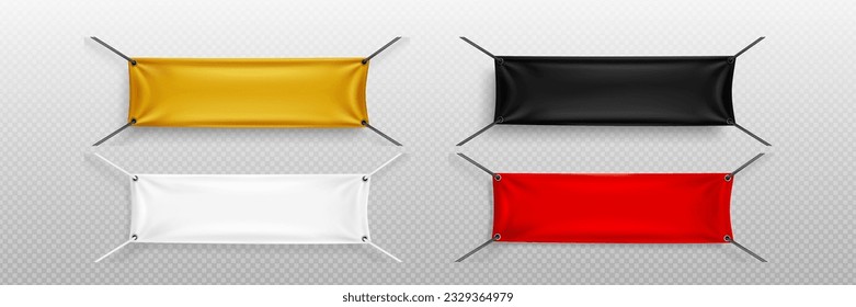 Realistic set of fabric banners hanging on ropes isolated on transparent background. Vector illustration of horizontal poster mockups in yellow, red, black, white colors, blank background for text