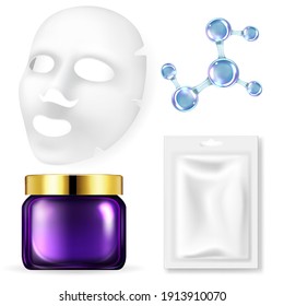 Realistic set of facial cosmetics. sheet face mask, cream jar, and cosmetic molecules.Vector 3d illustration