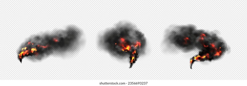 Realistic set of fire and black smoke isolated on transparent background. Vector illustration of flame and dark clouds of smog rising in air from wildfire, after explosion and fire, design element