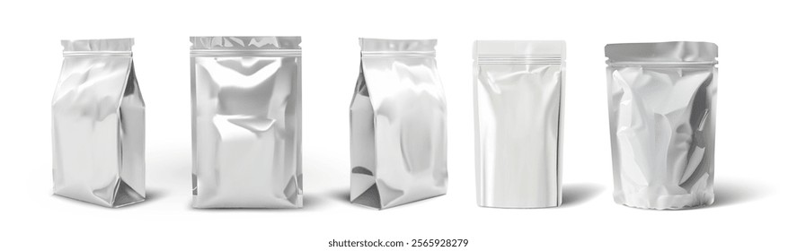 Realistic set of five silver foil packaging bag mockups, ideal for coffee, tea, or snack products. Detailed and glossy pouches with sealed zip closure. Vector illustration.