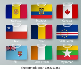 realistic set of flags of paper of countries with tapes ripped