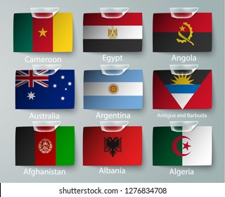 realistic set of flags of paper of countries with tapes ripped